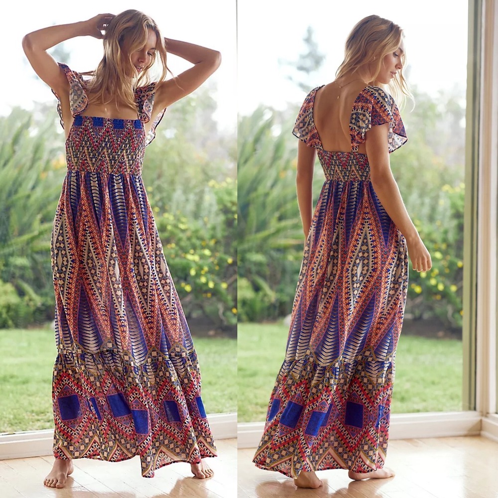 Anthropologie Geometric Tribal Print Smocked Maxi Dress Blue Orange Petite LP